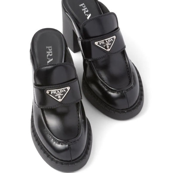 NIB Prada Chocolate Brushed Leather Heeled Loafer Mules EU 37.5 US 7.5 - Picture 2 of 11